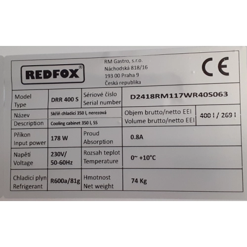 DRR 400 S ﻿Szafa chłodnicza - 350 l, nierdzewna